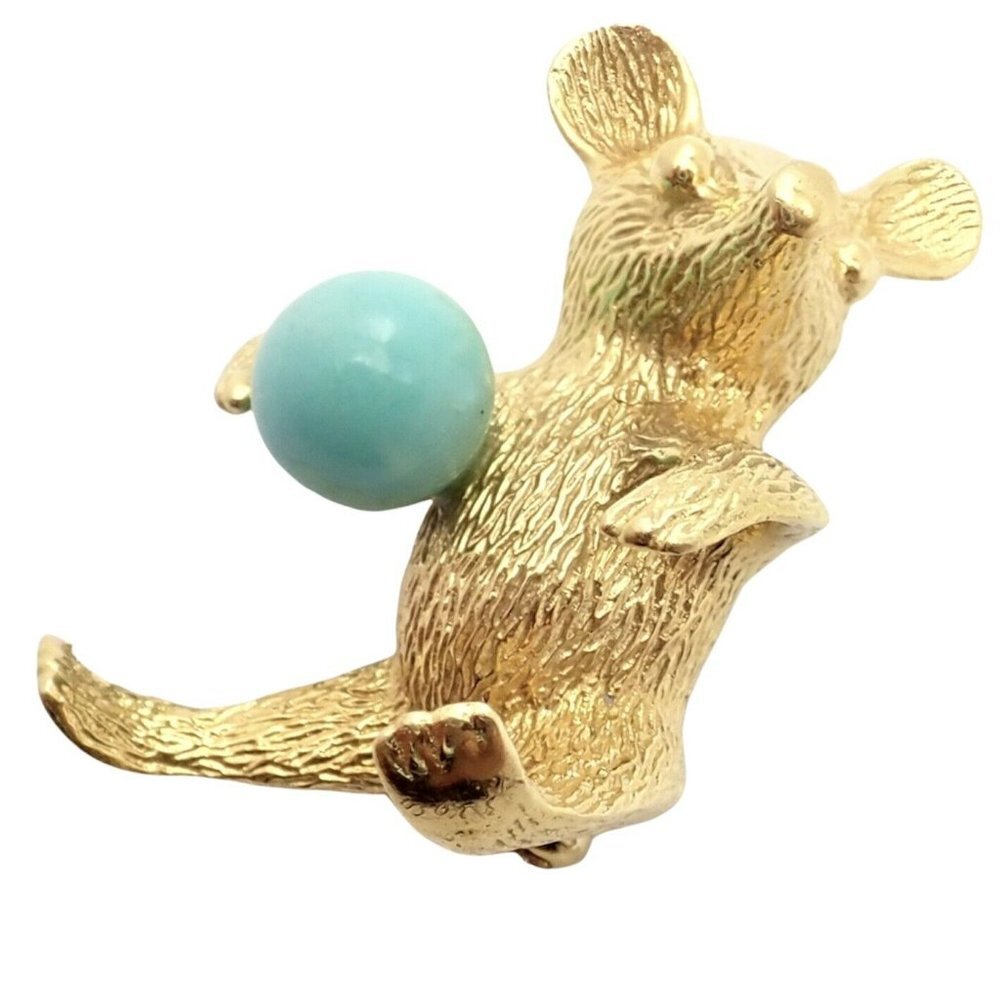 Rare! Authentic Cartier Germany 18k Yellow Gold Turquoise Bear Pin Brooch​